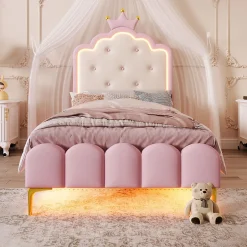 Redom Lit 90x200 cm en PU rose avec tête de lit couronnée et éclairage LED d'ambiance réglable, sommier à lattes