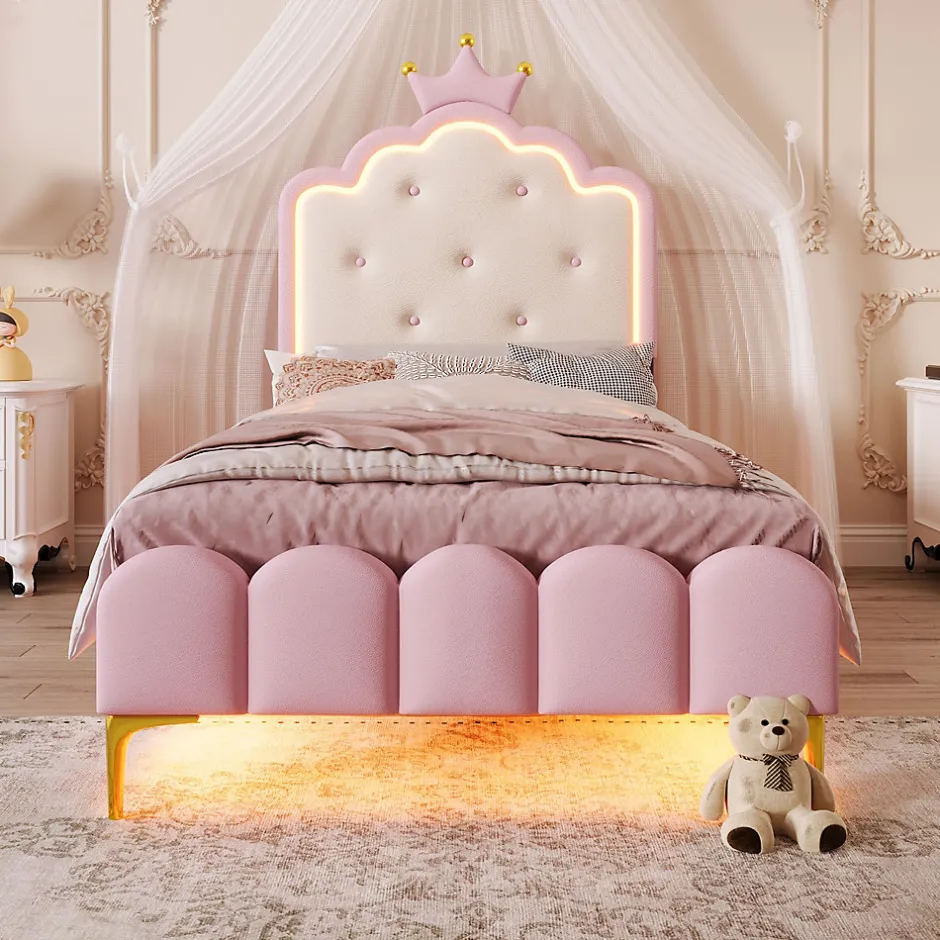 Redom Lit 90x200 cm en PU rose avec tête de lit couronnée et éclairage LED d'ambiance réglable, sommier à lattes