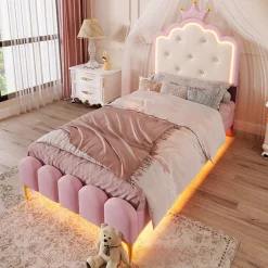 Redom Lit 90x200 cm en PU rose avec tête de lit couronnée et éclairage LED d'ambiance réglable, sommier à lattes