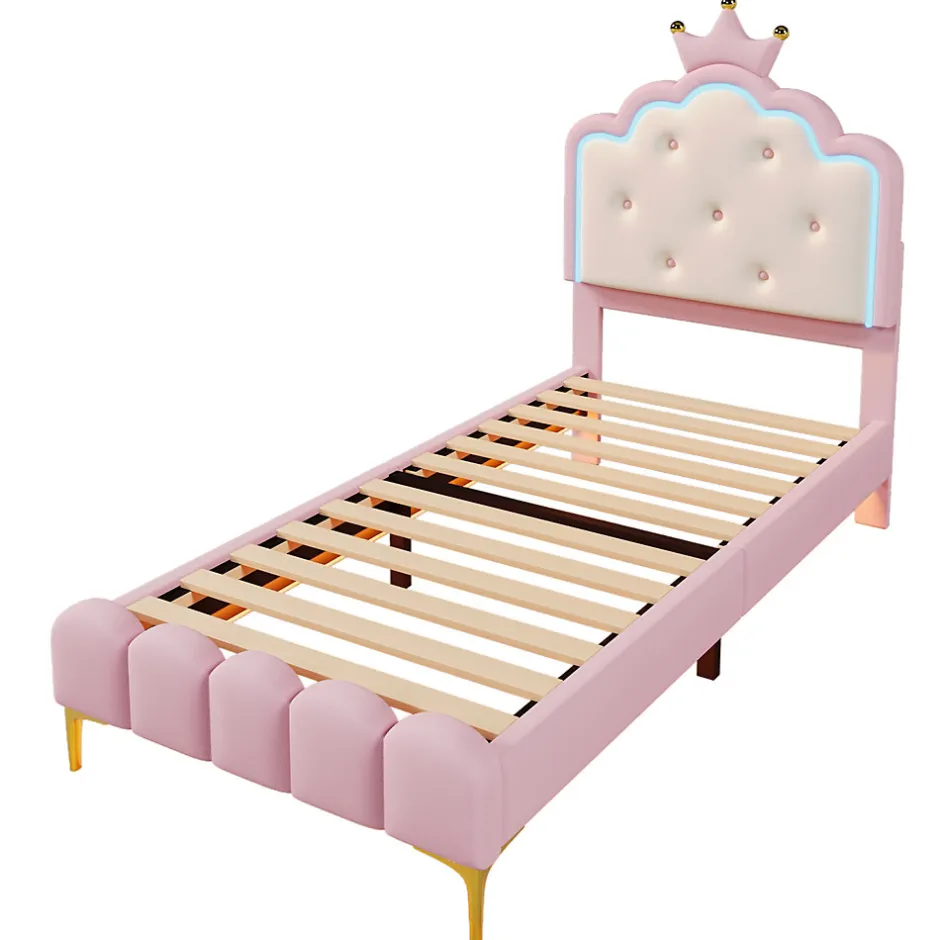 Redom Lit 90x200 cm en PU rose avec tête de lit couronnée et éclairage LED d'ambiance réglable, sommier à lattes