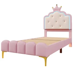 Redom Lit 90x200 cm en PU rose avec tête de lit couronnée et éclairage LED d'ambiance réglable, sommier à lattes