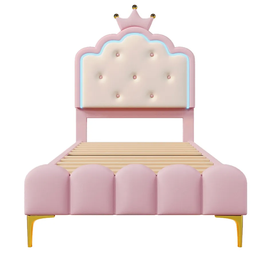 Redom Lit 90x200 cm en PU rose avec tête de lit couronnée et éclairage LED d'ambiance réglable, sommier à lattes