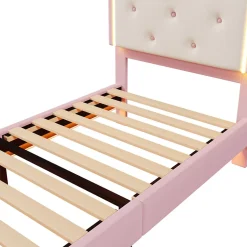 Redom Lit 90x200 cm en PU rose avec tête de lit couronnée et éclairage LED d'ambiance réglable, sommier à lattes