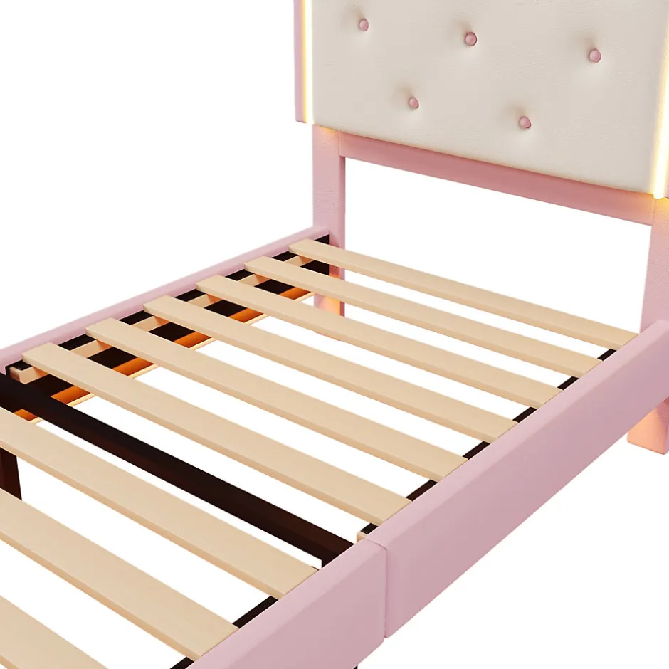 Redom Lit 90x200 cm en PU rose avec tête de lit couronnée et éclairage LED d'ambiance réglable, sommier à lattes