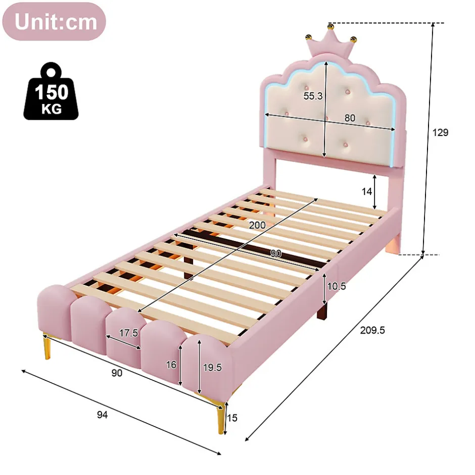 Redom Lit 90x200 cm en PU rose avec tête de lit couronnée et éclairage LED d'ambiance réglable, sommier à lattes