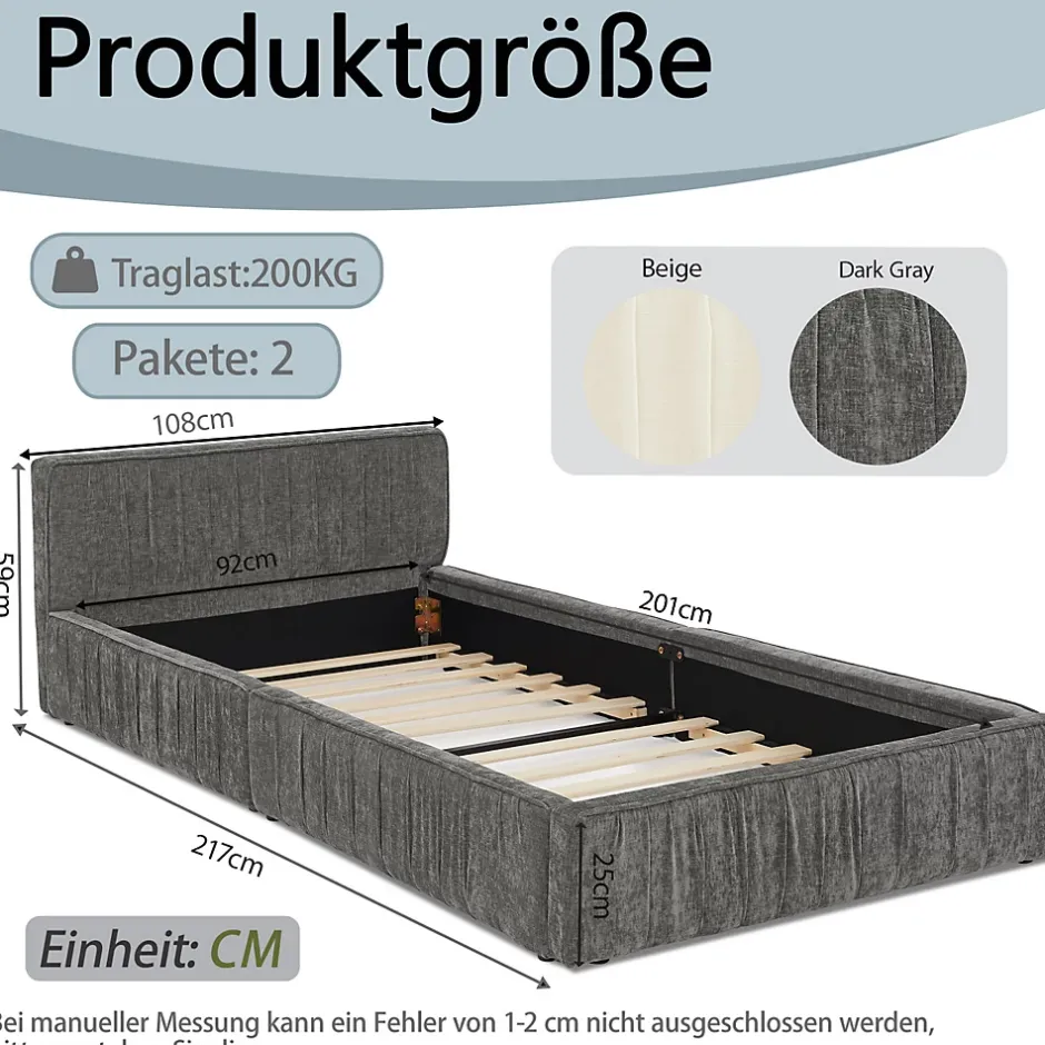 Redom Lit 90x200 cm en tissu chenille Dark Gray, plis décoratifs, bois d'eucalyptus et cadre métal stable Clearance