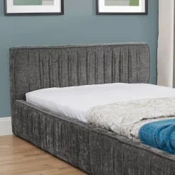 Redom Lit 90x200 cm en tissu chenille Dark Gray, plis décoratifs, bois d'eucalyptus et cadre métal stable Clearance