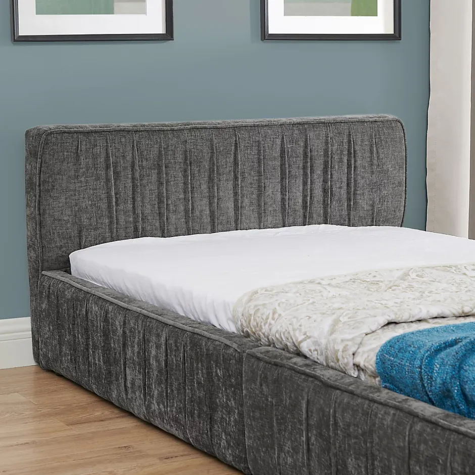 Redom Lit 90x200 cm en tissu chenille Dark Gray, plis décoratifs, bois d'eucalyptus et cadre métal stable Clearance