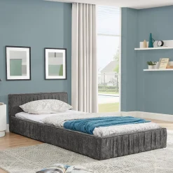 Redom Lit 90x200 cm en tissu chenille Dark Gray, plis décoratifs, bois d'eucalyptus et cadre métal stable Clearance