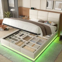 Redom Lit 180x200 cm en velours beige avec tête de lit réglable, éclairage LED dimmable et grand rangement