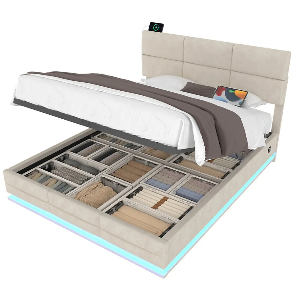 Redom Lit 180x200 cm en velours beige avec tête de lit réglable, éclairage LED dimmable et grand rangement
