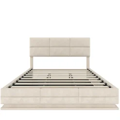 Redom Lit 180x200 cm en velours beige avec tête de lit réglable, éclairage LED dimmable et grand rangement