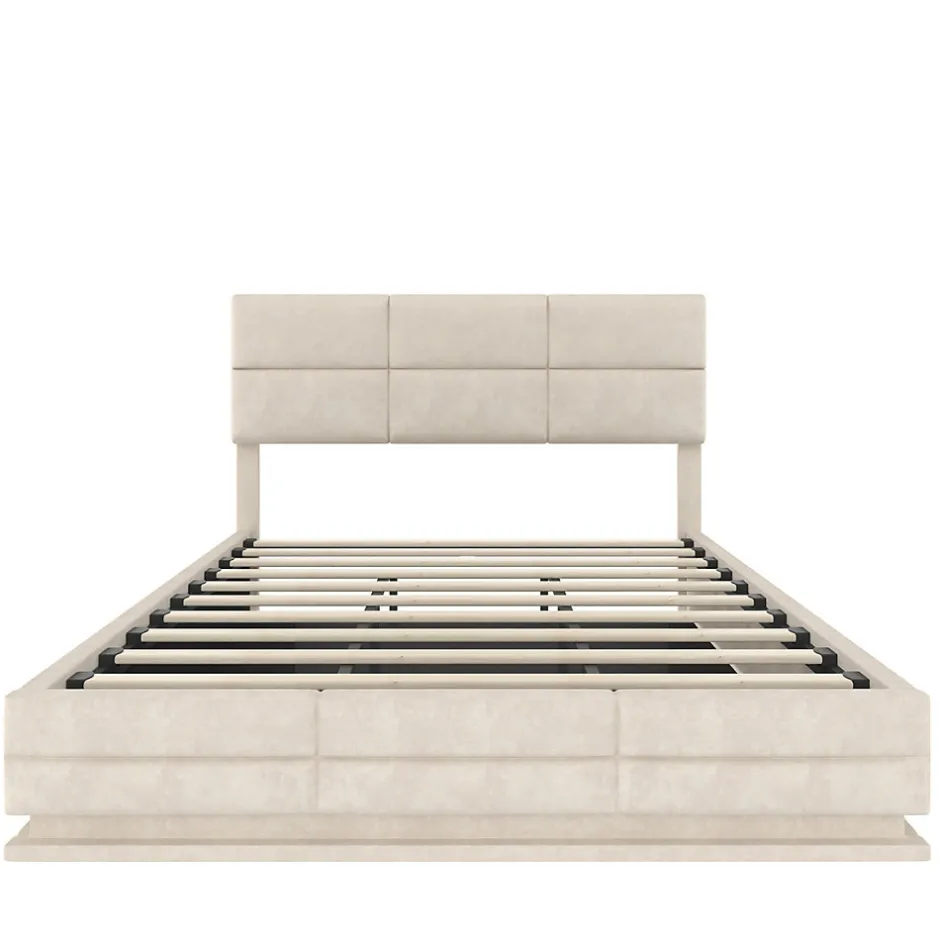 Redom Lit 180x200 cm en velours beige avec tête de lit réglable, éclairage LED dimmable et grand rangement