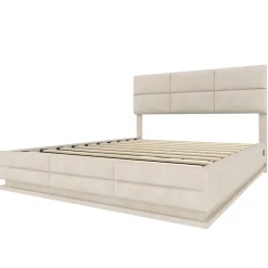 Redom Lit 180x200 cm en velours beige avec tête de lit réglable, éclairage LED dimmable et grand rangement