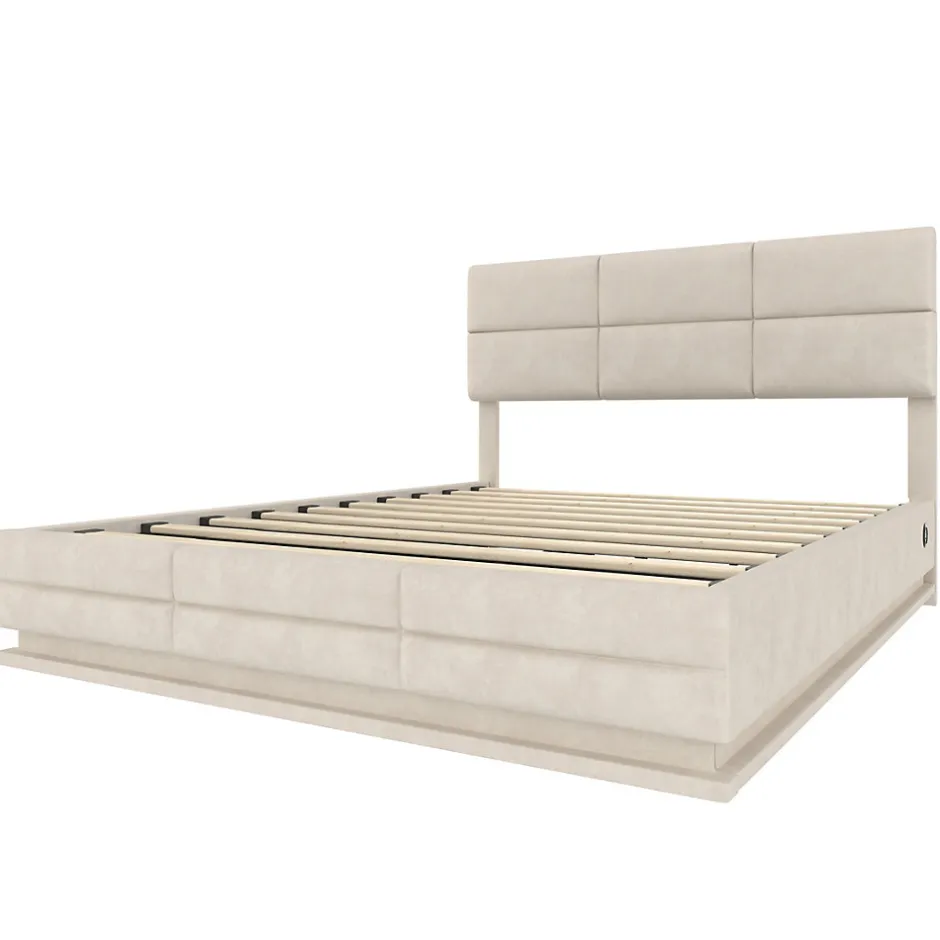 Redom Lit 180x200 cm en velours beige avec tête de lit réglable, éclairage LED dimmable et grand rangement