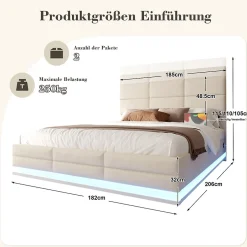 Redom Lit 180x200 cm en velours beige avec tête de lit réglable, éclairage LED dimmable et grand rangement