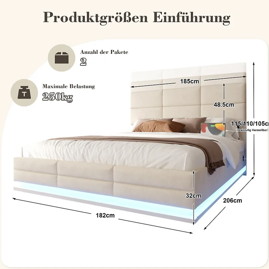 Redom Lit 180x200 cm en velours beige avec tête de lit réglable, éclairage LED dimmable et grand rangement