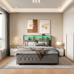 Simple Life Lit 180x200 cm en velours beige avec tiroirs, tête de lit LED multicolore, USB/Type-C et rangement sous lit New
