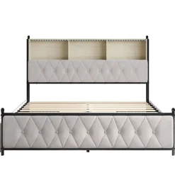Simple Life Lit 180x200 cm en velours beige avec tiroirs, tête de lit LED multicolore, USB/Type-C et rangement sous lit New