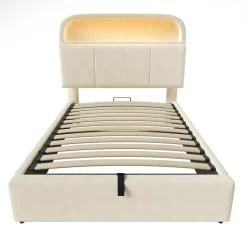 Redom Lit 90x200 cm en velours beige avec tête de lit réglable et rangement hydropneumatique au design contemporain Outlet