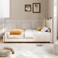 ProximaX Lit 90x200 cm en velours beige avec tiroirs, rangement tête et lit à gaz, LED, ports USB/Type-C, design moderne et confortable