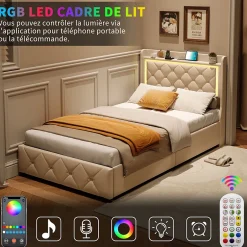 ProximaX Lit 90x200 cm en velours beige avec tiroirs, rangement tête et lit à gaz, LED, ports USB/Type-C, design moderne et confortable