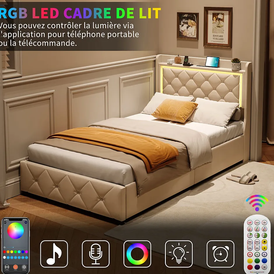 ProximaX Lit 90x200 cm en velours beige avec tiroirs, rangement tête et lit à gaz, LED, ports USB/Type-C, design moderne et confortable