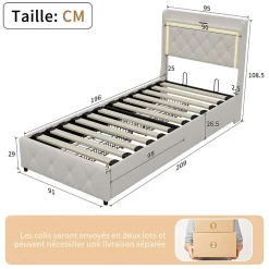 ProximaX Lit 90x200 cm en velours beige avec tiroirs, rangement tête et lit à gaz, LED, ports USB/Type-C, design moderne et confortable