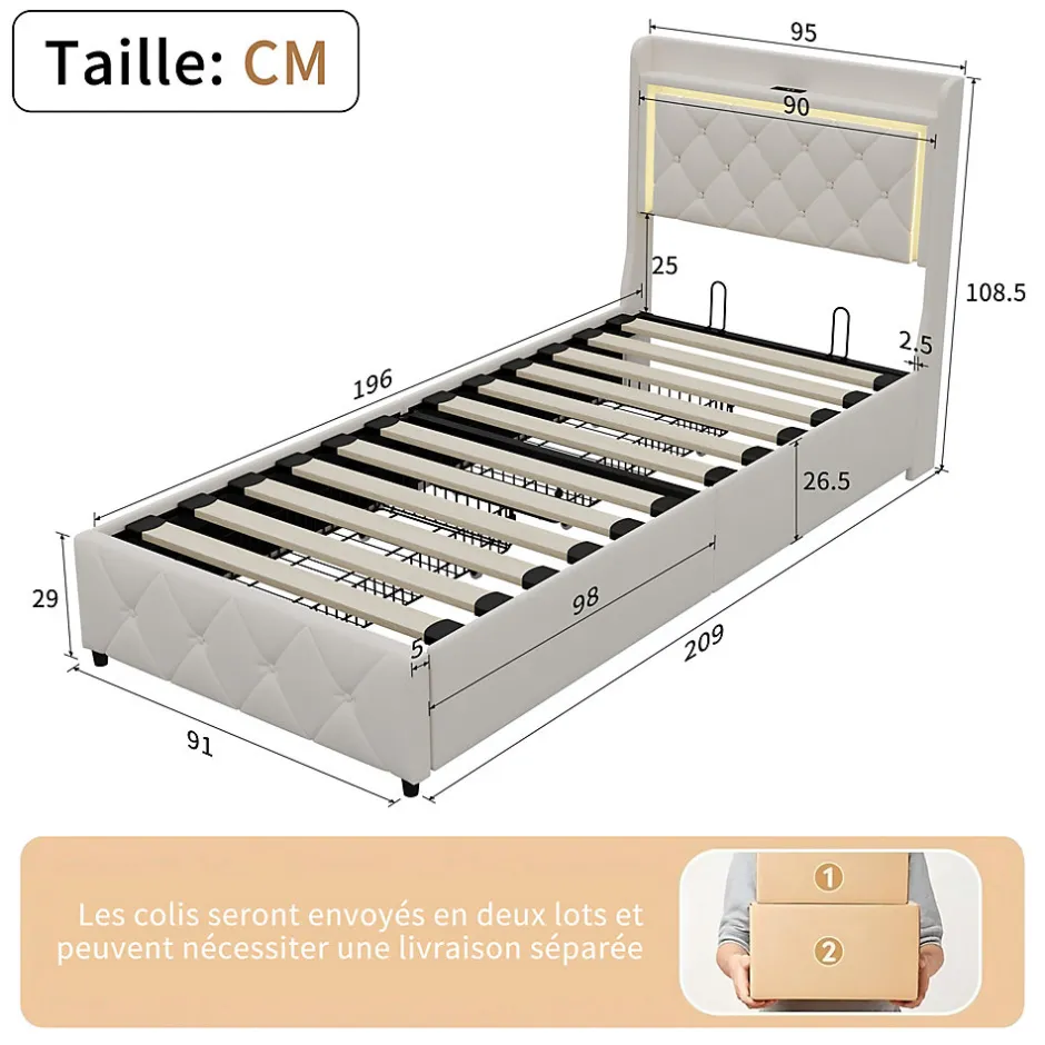 ProximaX Lit 90x200 cm en velours beige avec tiroirs, rangement tête et lit à gaz, LED, ports USB/Type-C, design moderne et confortable