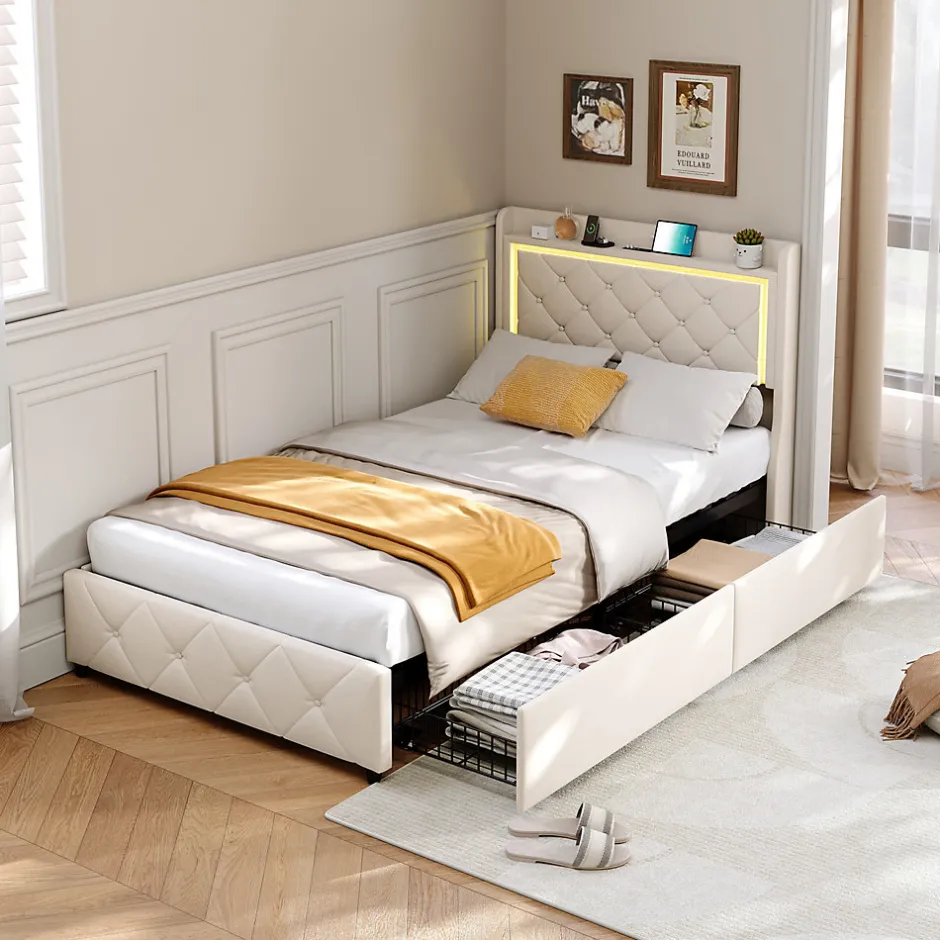 ProximaX Lit 90x200 cm en velours beige avec tiroirs, rangement tête et lit à gaz, LED, ports USB/Type-C, design moderne et confortable