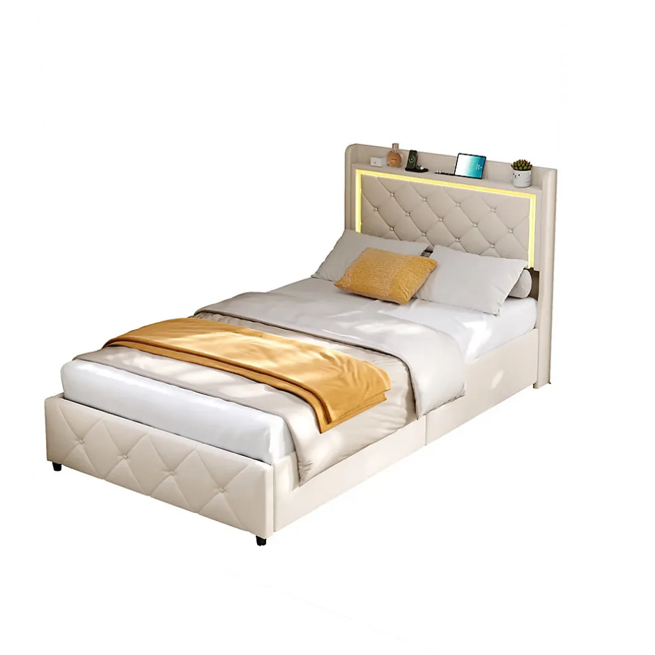 ProximaX Lit 90x200 cm en velours beige avec tiroirs, rangement tête et lit à gaz, LED, ports USB/Type-C, design moderne et confortable