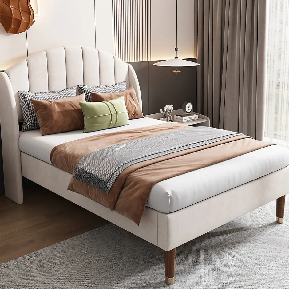 Redom Lit 90x200 cm en velours beige avec tête de lit matelassée et sommier à lattes bois, design contemporain