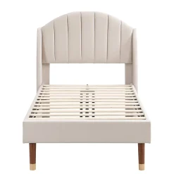 Redom Lit 90x200 cm en velours beige avec tête de lit matelassée et sommier à lattes bois, design contemporain