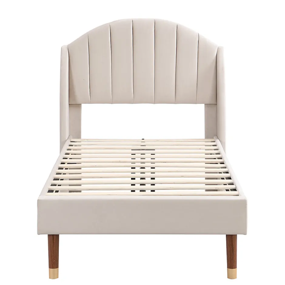 Redom Lit 90x200 cm en velours beige avec tête de lit matelassée et sommier à lattes bois, design contemporain