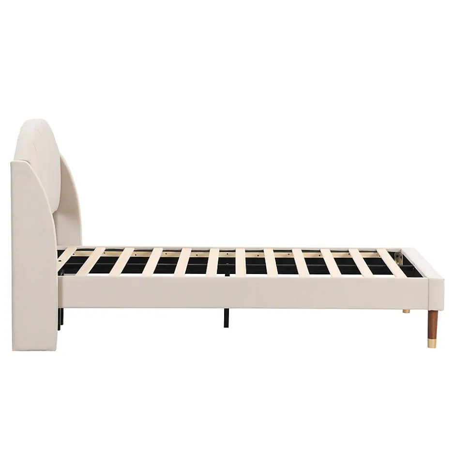 Redom Lit 90x200 cm en velours beige avec tête de lit matelassée et sommier à lattes bois, design contemporain
