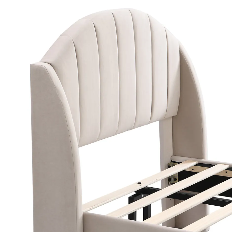 Redom Lit 90x200 cm en velours beige avec tête de lit matelassée et sommier à lattes bois, design contemporain