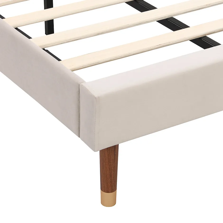Redom Lit 90x200 cm en velours beige avec tête de lit matelassée et sommier à lattes bois, design contemporain