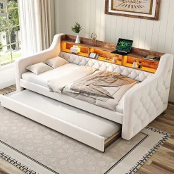Redom Lit 90x190 cm en velours beige avec rangement intégré, au design moderne et gain de place idéal pour studio