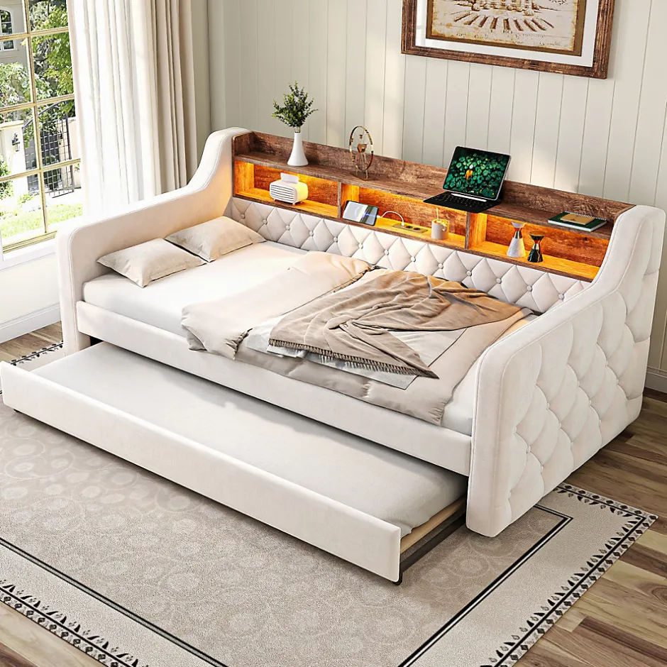 Redom Lit 90x190 cm en velours beige avec rangement intégré, au design moderne et gain de place idéal pour studio