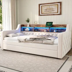 Redom Lit 90x190 cm en velours beige avec rangement intégré, au design moderne et gain de place idéal pour studio