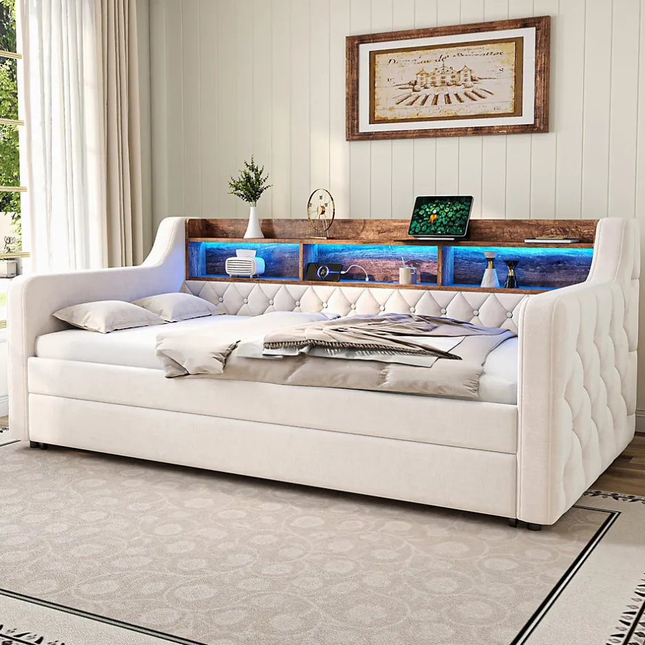 Redom Lit 90x190 cm en velours beige avec rangement intégré, au design moderne et gain de place idéal pour studio