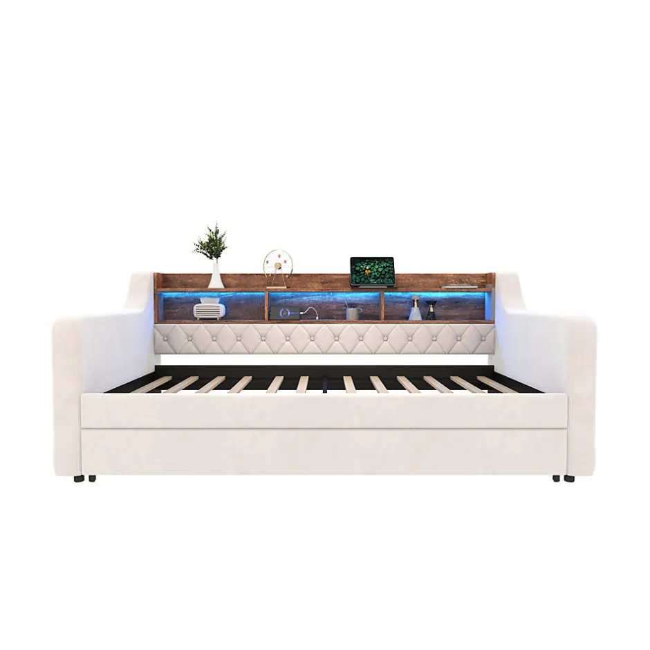 Redom Lit 90x190 cm en velours beige avec rangement intégré, au design moderne et gain de place idéal pour studio