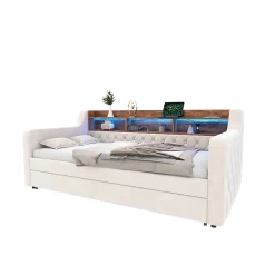 Redom Lit 90x190 cm en velours beige avec rangement intégré, au design moderne et gain de place idéal pour studio
