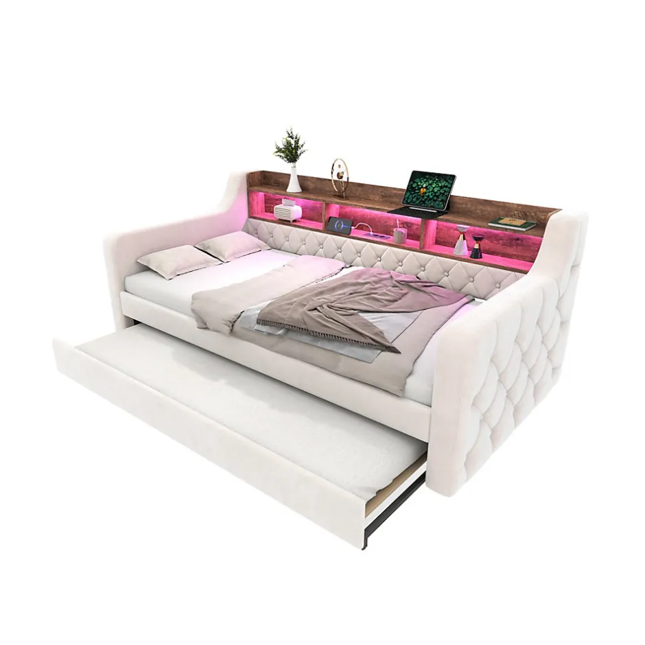 Redom Lit 90x190 cm en velours beige avec rangement intégré, au design moderne et gain de place idéal pour studio
