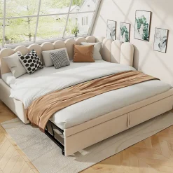 Redom Lit 90x200 cm en velours beige, convertible en 180x200 cm, forme en L avec dossier rembourré