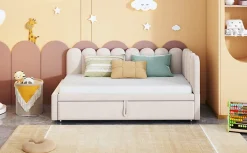 Redom Lit 90x200 cm en velours beige, convertible en 180x200 cm, forme en L avec dossier rembourré