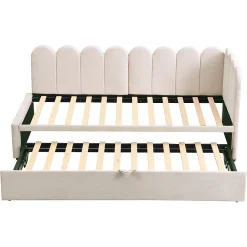 Redom Lit 90x200 cm en velours beige, convertible en 180x200 cm, forme en L avec dossier rembourré