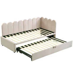 Redom Lit 90x200 cm en velours beige, convertible en 180x200 cm, forme en L avec dossier rembourré