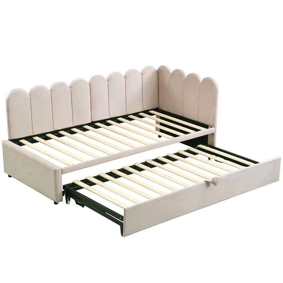 Redom Lit 90x200 cm en velours beige, convertible en 180x200 cm, forme en L avec dossier rembourré