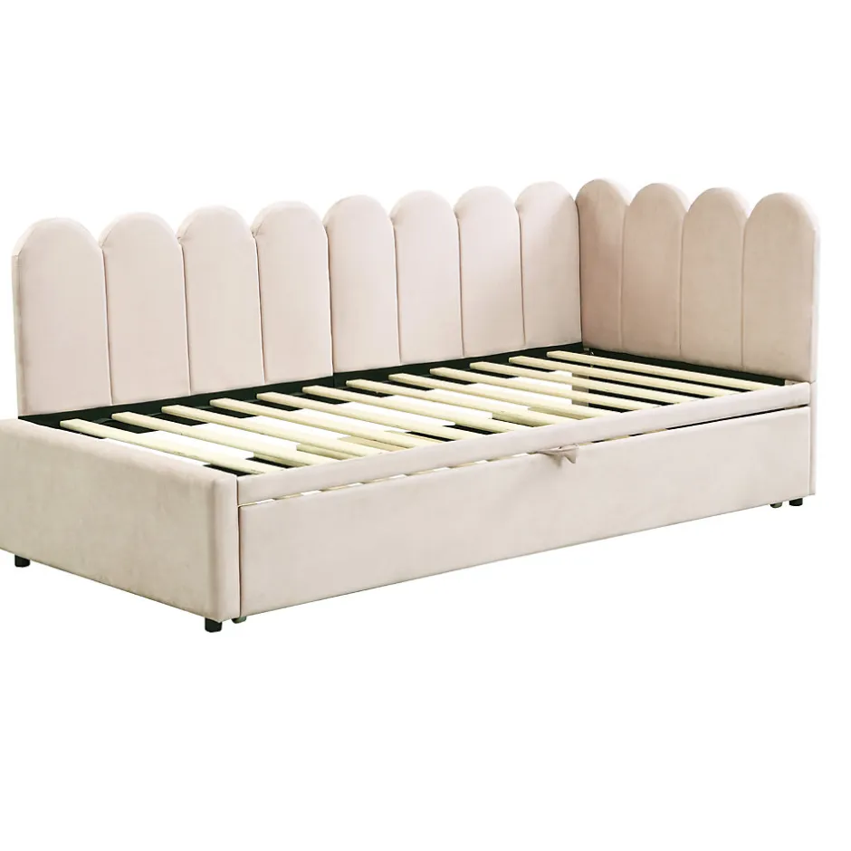 Redom Lit 90x200 cm en velours beige, convertible en 180x200 cm, forme en L avec dossier rembourré